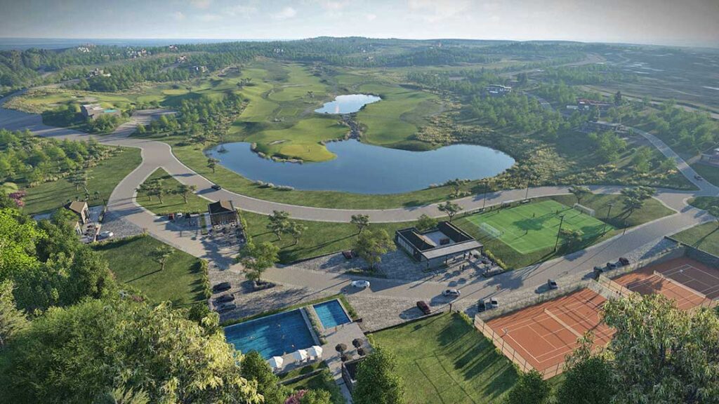 aerial rendering with view of tenis court, lake and swimming pools